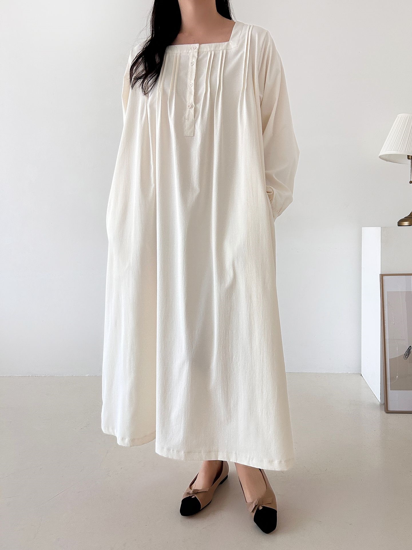 ボタンスクエアネックポケットオーバーサイズロング長袖ワンピースストラップ付 | 詳細画像7