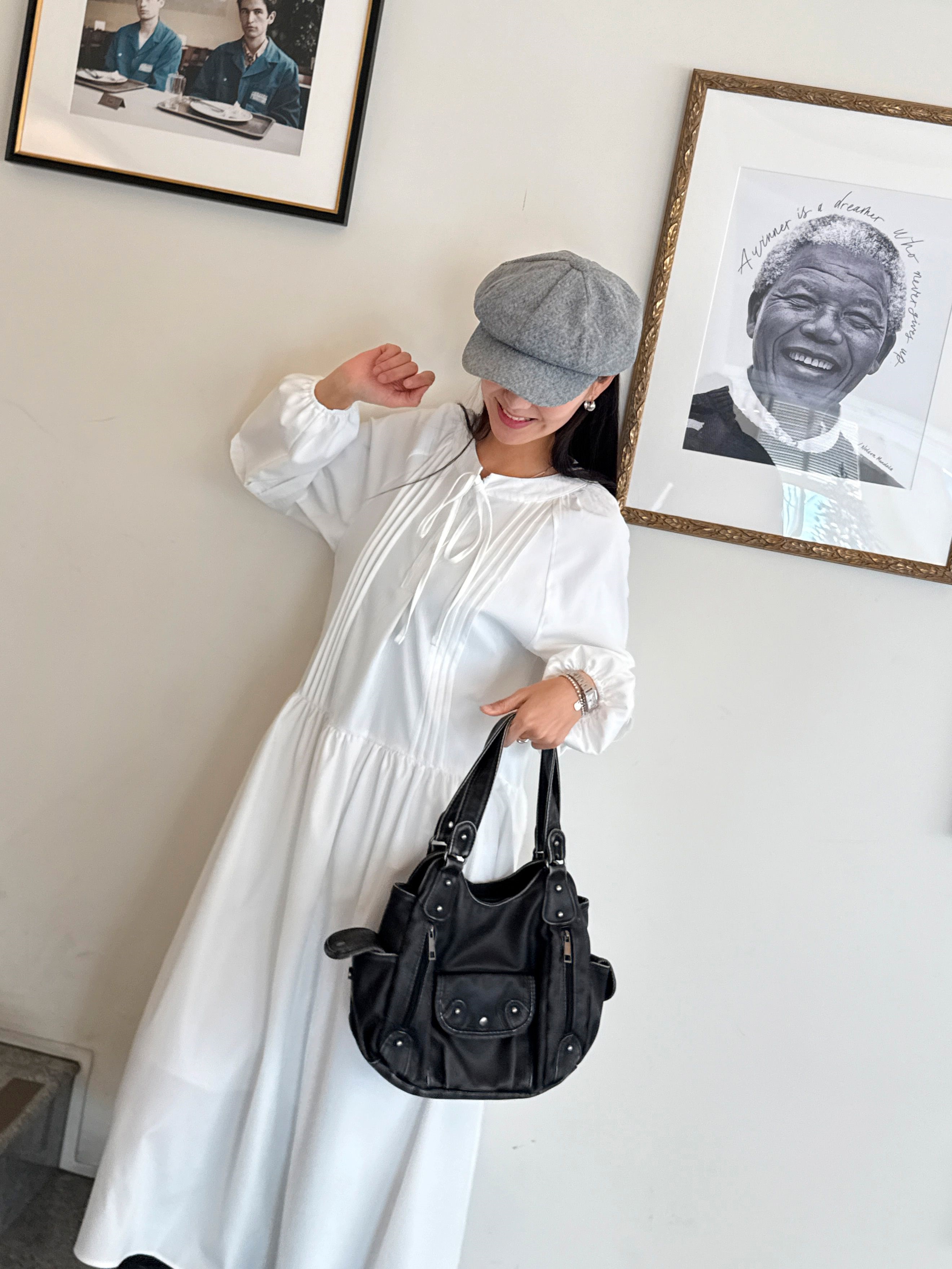 リボン(固定)シャーリングピンタックオーバーサイズロング長袖ワンピース | 詳細画像7