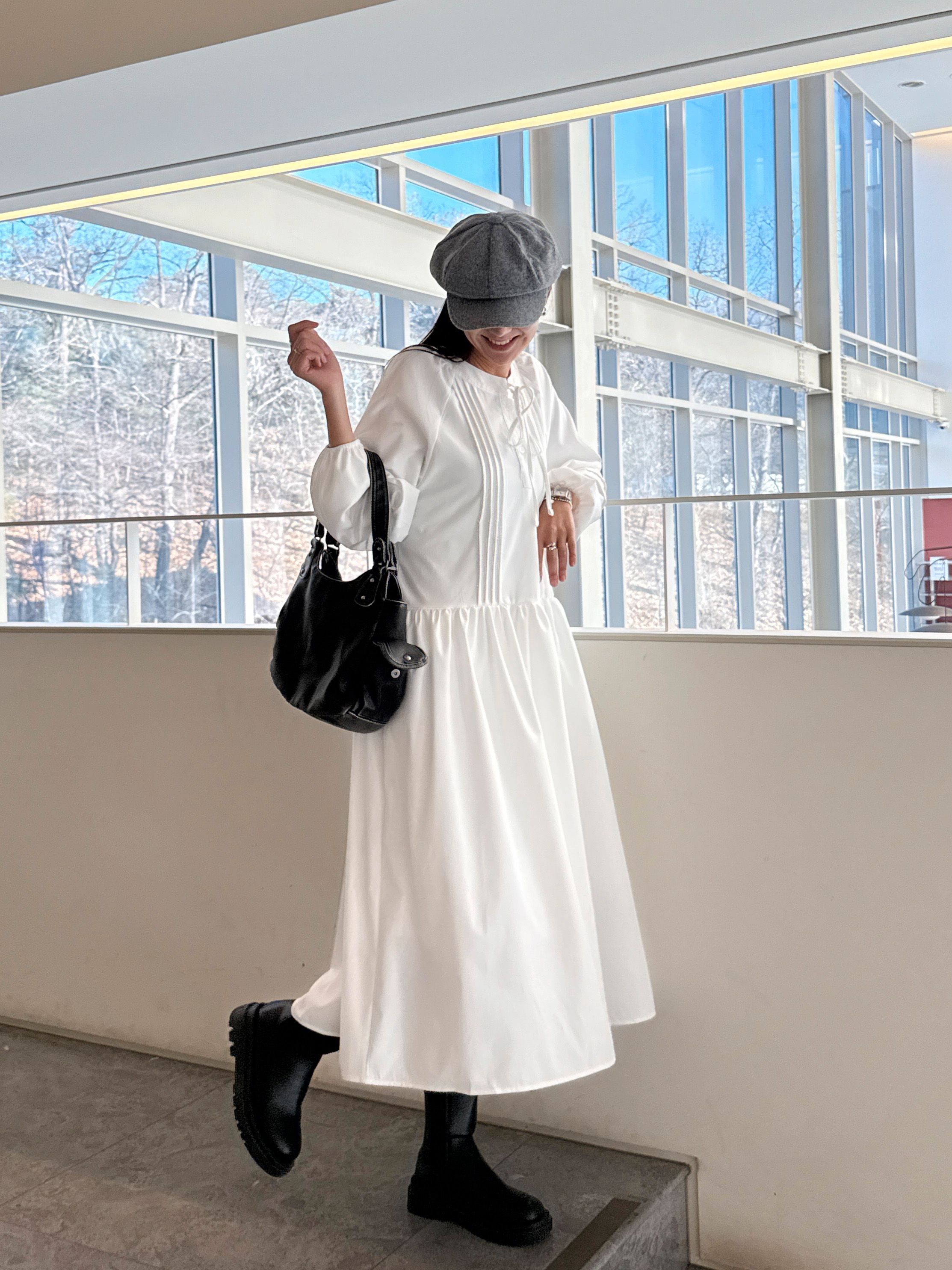 リボン(固定)シャーリングピンタックオーバーサイズロング長袖ワンピース | 詳細画像3