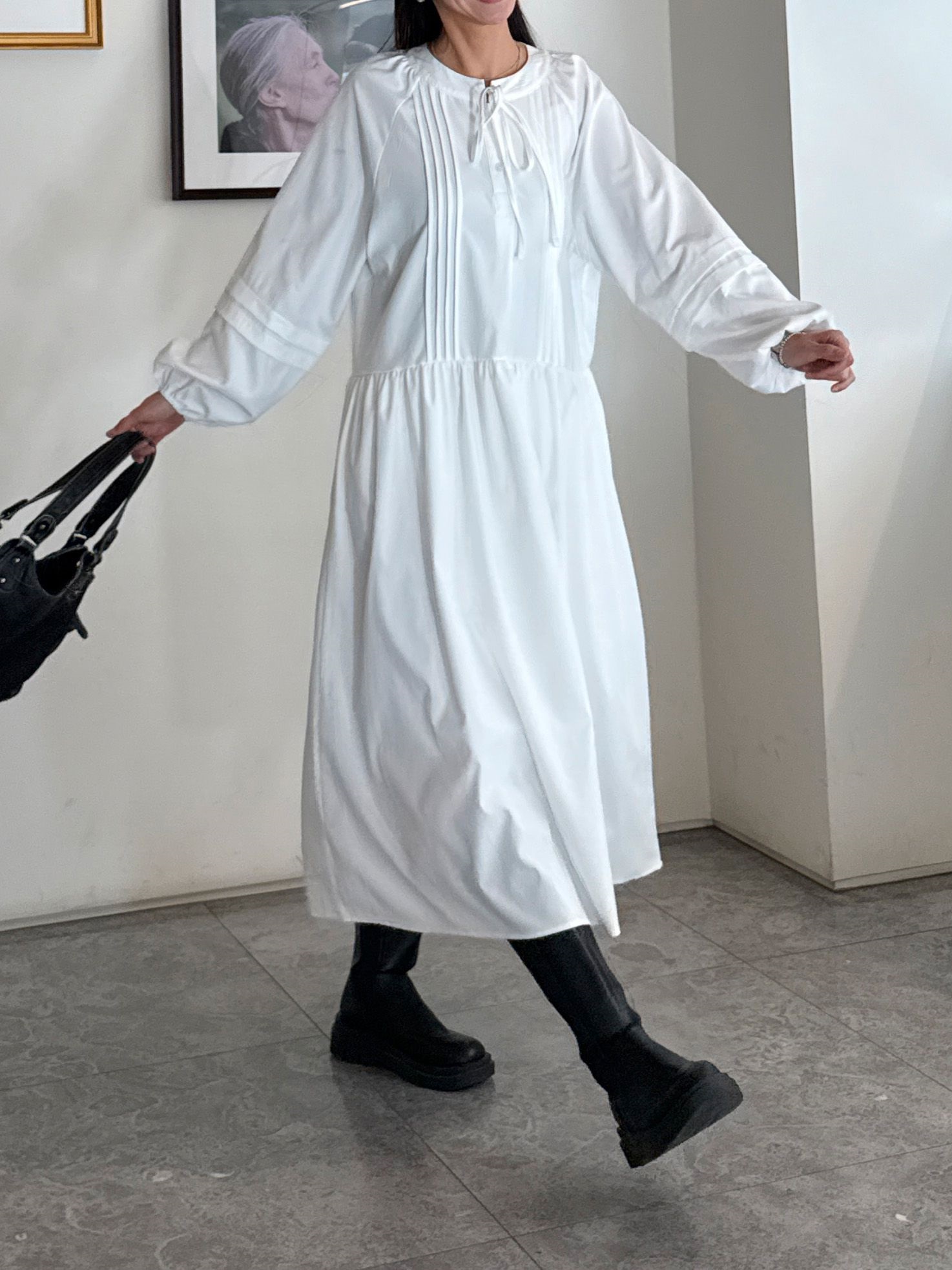 リボン(固定)シャーリングピンタックオーバーサイズロング長袖ワンピース | 詳細画像6