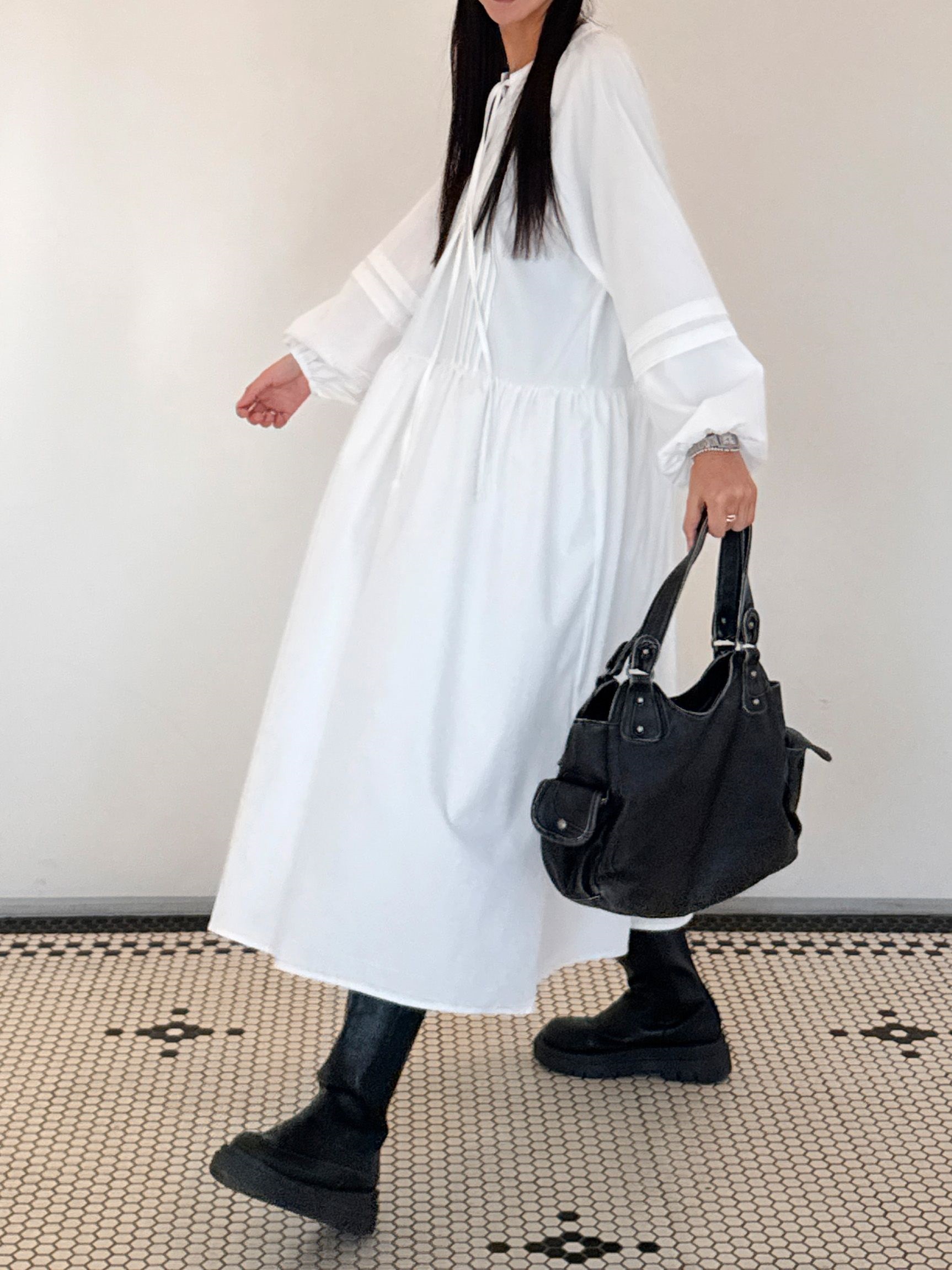 リボン(固定)シャーリングピンタックオーバーサイズロング長袖ワンピース | 詳細画像9