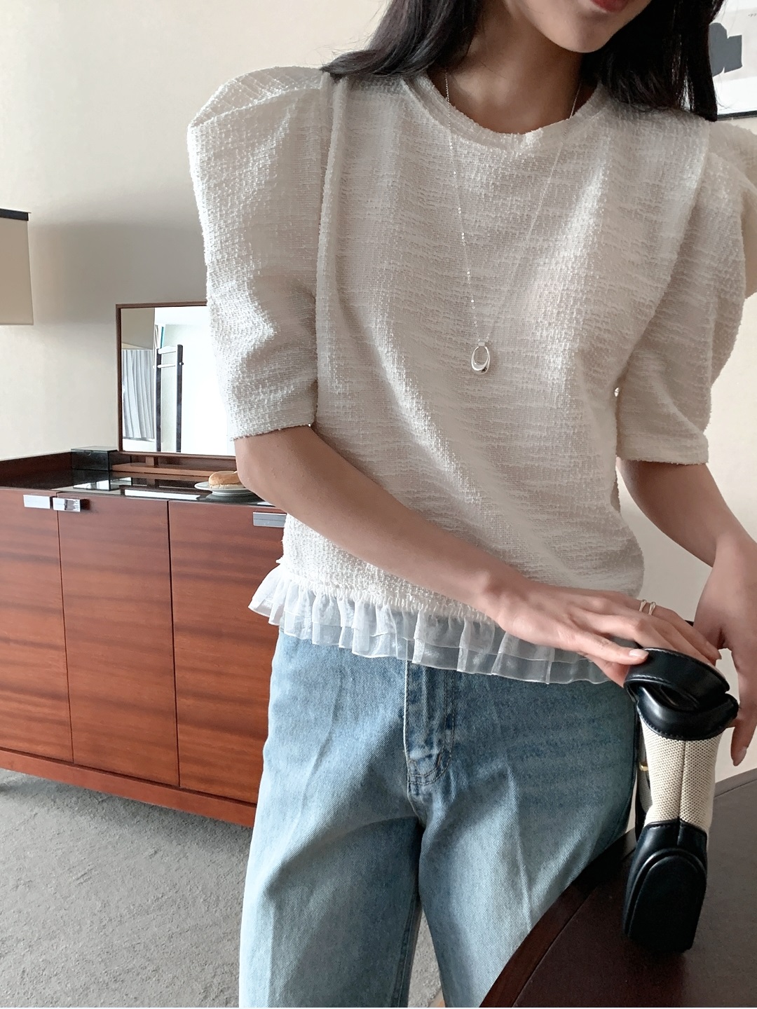 ツイードチュールラウンドネックパフスリーブ半袖ブラウス | 詳細画像2