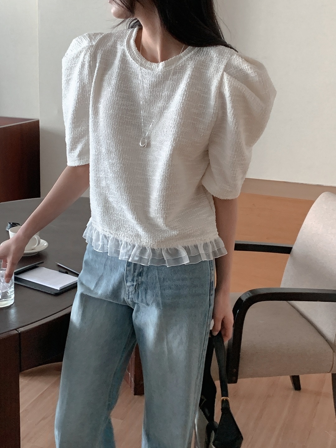 ツイードチュールラウンドネックパフスリーブ半袖ブラウス | 詳細画像3