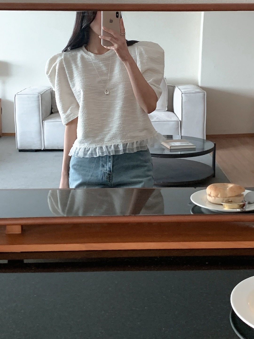 ツイードチュールラウンドネックパフスリーブ半袖ブラウス | 詳細画像4