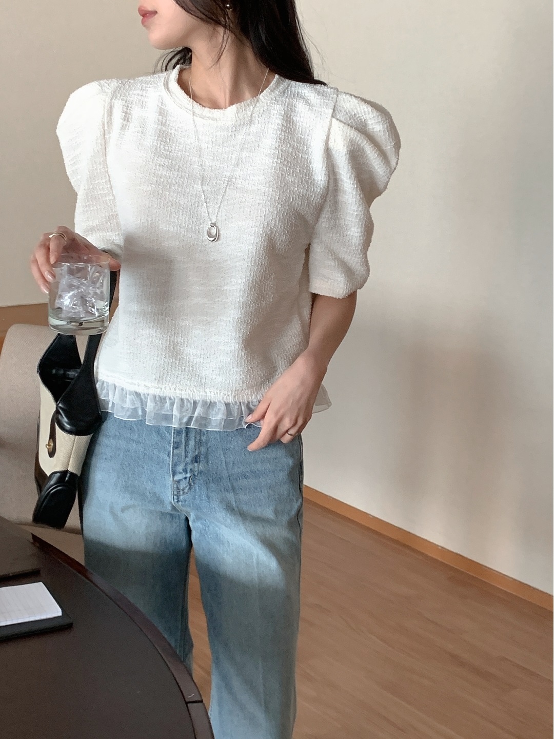 ツイードチュールラウンドネックパフスリーブ半袖ブラウス | 詳細画像5