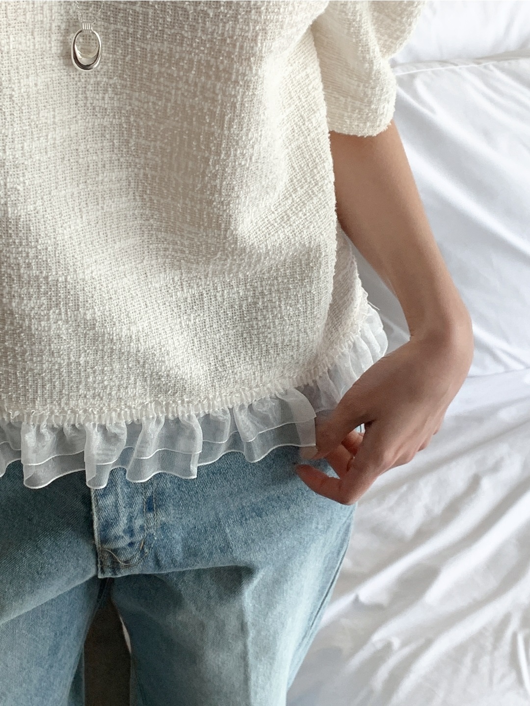 ツイードチュールラウンドネックパフスリーブ半袖ブラウス | 詳細画像6