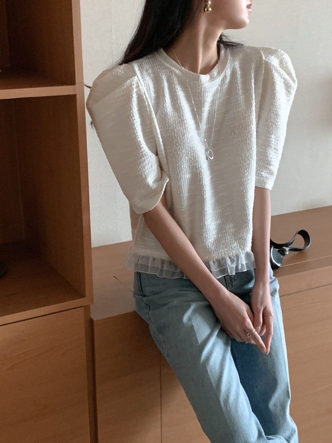 ツイードチュールラウンドネックパフスリーブ半袖ブラウス | 詳細画像7