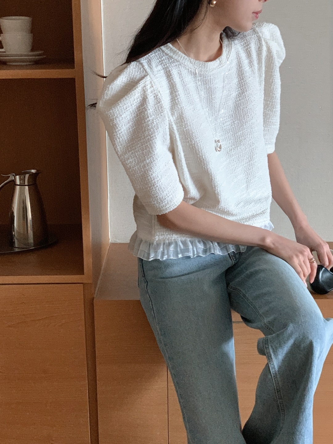 ツイードチュールラウンドネックパフスリーブ半袖ブラウス | 詳細画像8