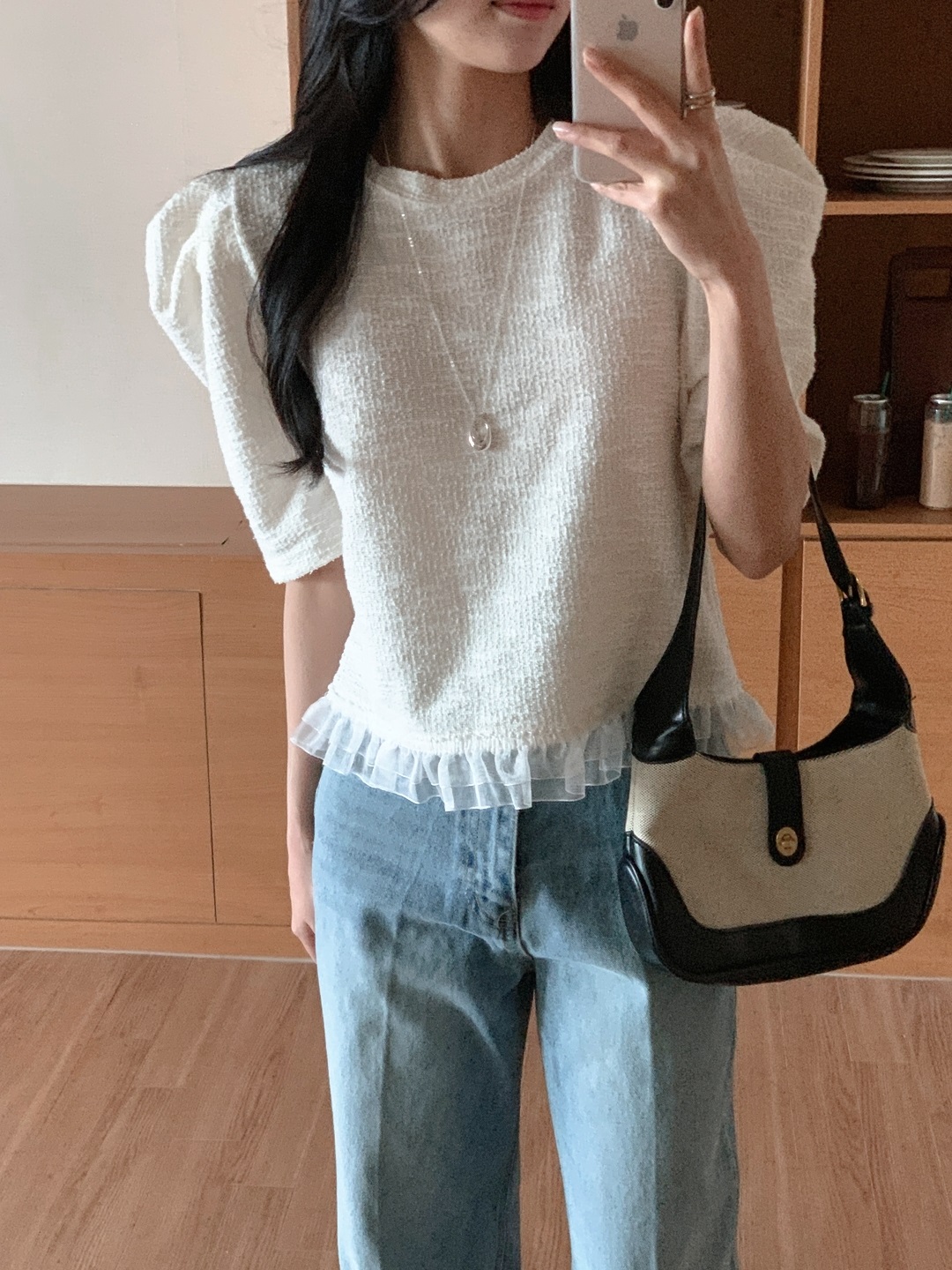 ツイードチュールラウンドネックパフスリーブ半袖ブラウス | 詳細画像9