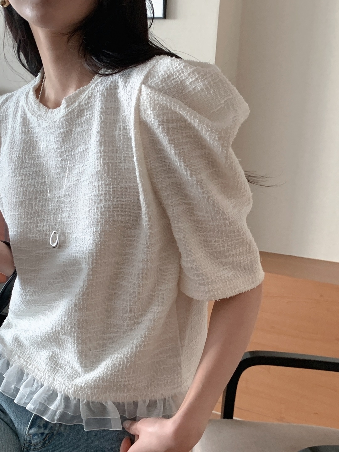 ツイードチュールラウンドネックパフスリーブ半袖ブラウス | 詳細画像10