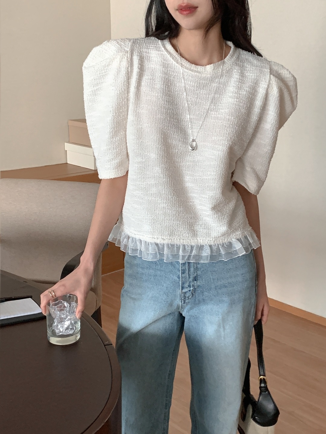 ツイードチュールラウンドネックパフスリーブ半袖ブラウス | 詳細画像11