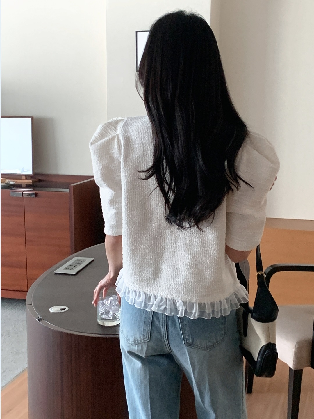 ツイードチュールラウンドネックパフスリーブ半袖ブラウス | 詳細画像12