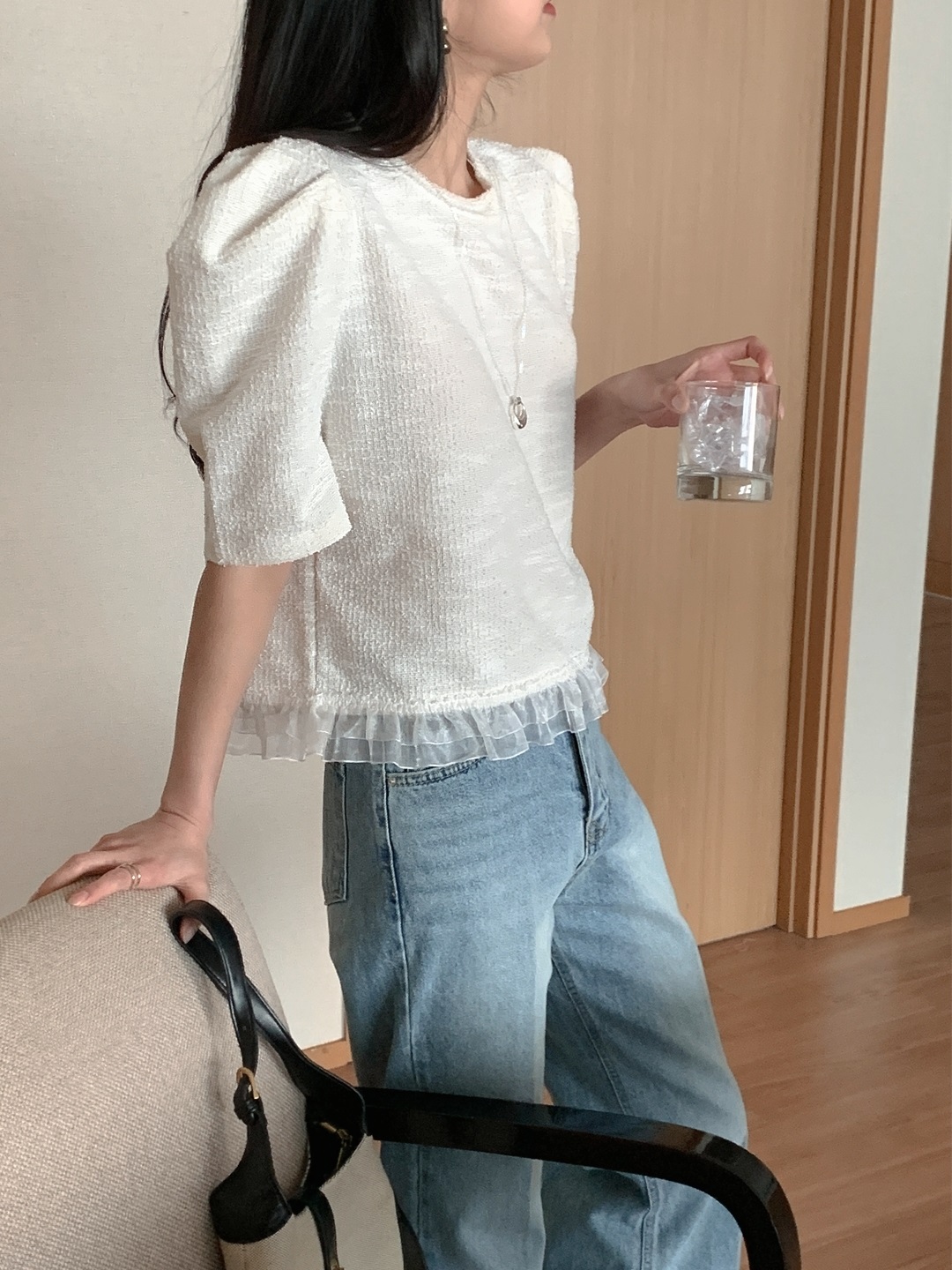 ツイードチュールラウンドネックパフスリーブ半袖ブラウス | 詳細画像13