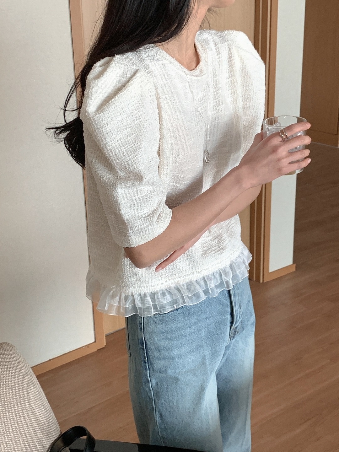 ツイードチュールラウンドネックパフスリーブ半袖ブラウス | 詳細画像14