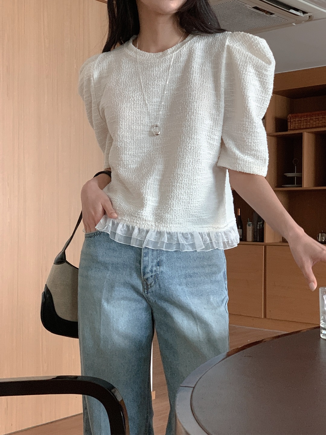 ツイードチュールラウンドネックパフスリーブ半袖ブラウス | 詳細画像15