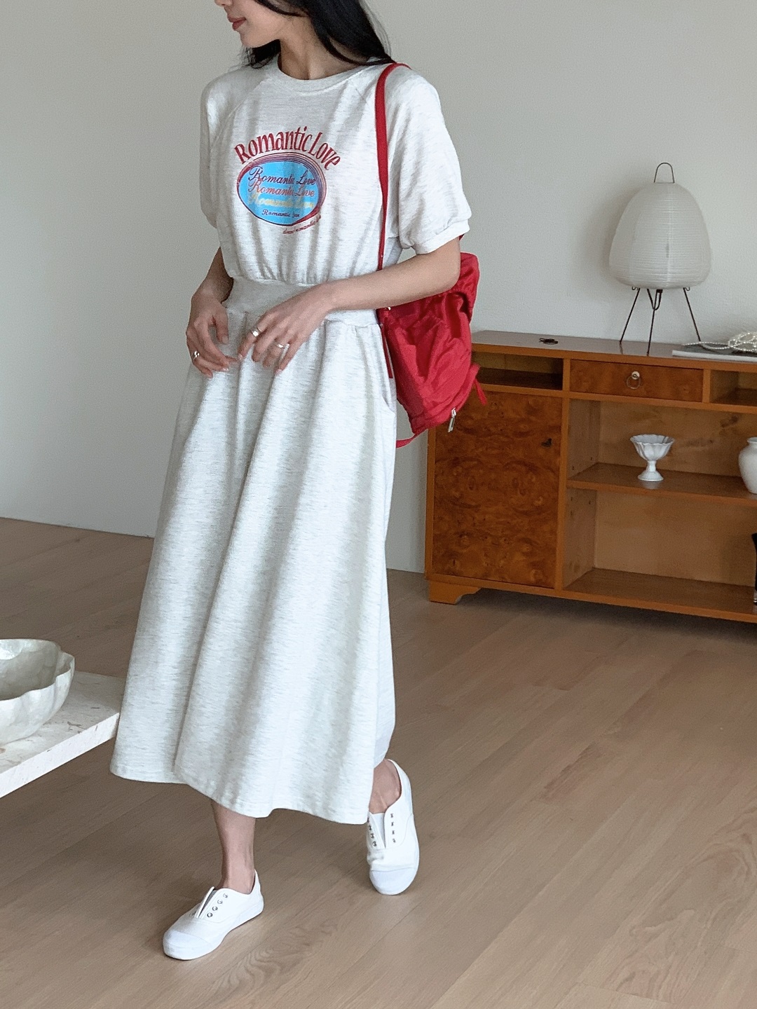 ポケットウエストゴムラグランロング半袖フレアプリントワンピース | 詳細画像4