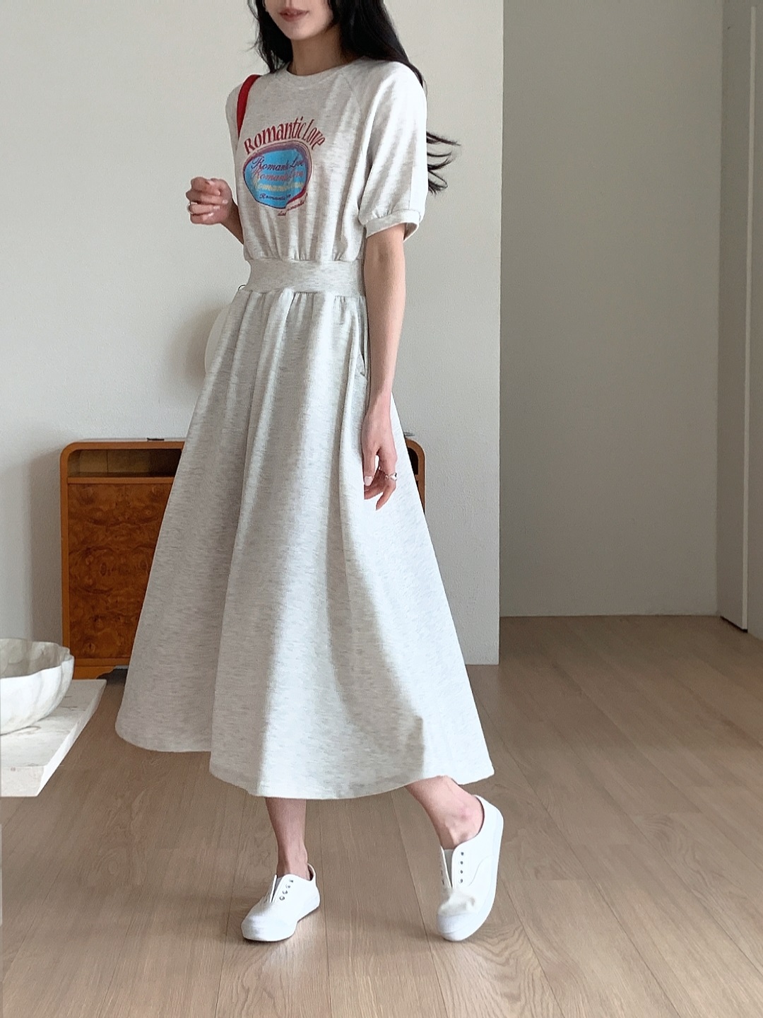 ポケットウエストゴムラグランロング半袖フレアプリントワンピース | 詳細画像5