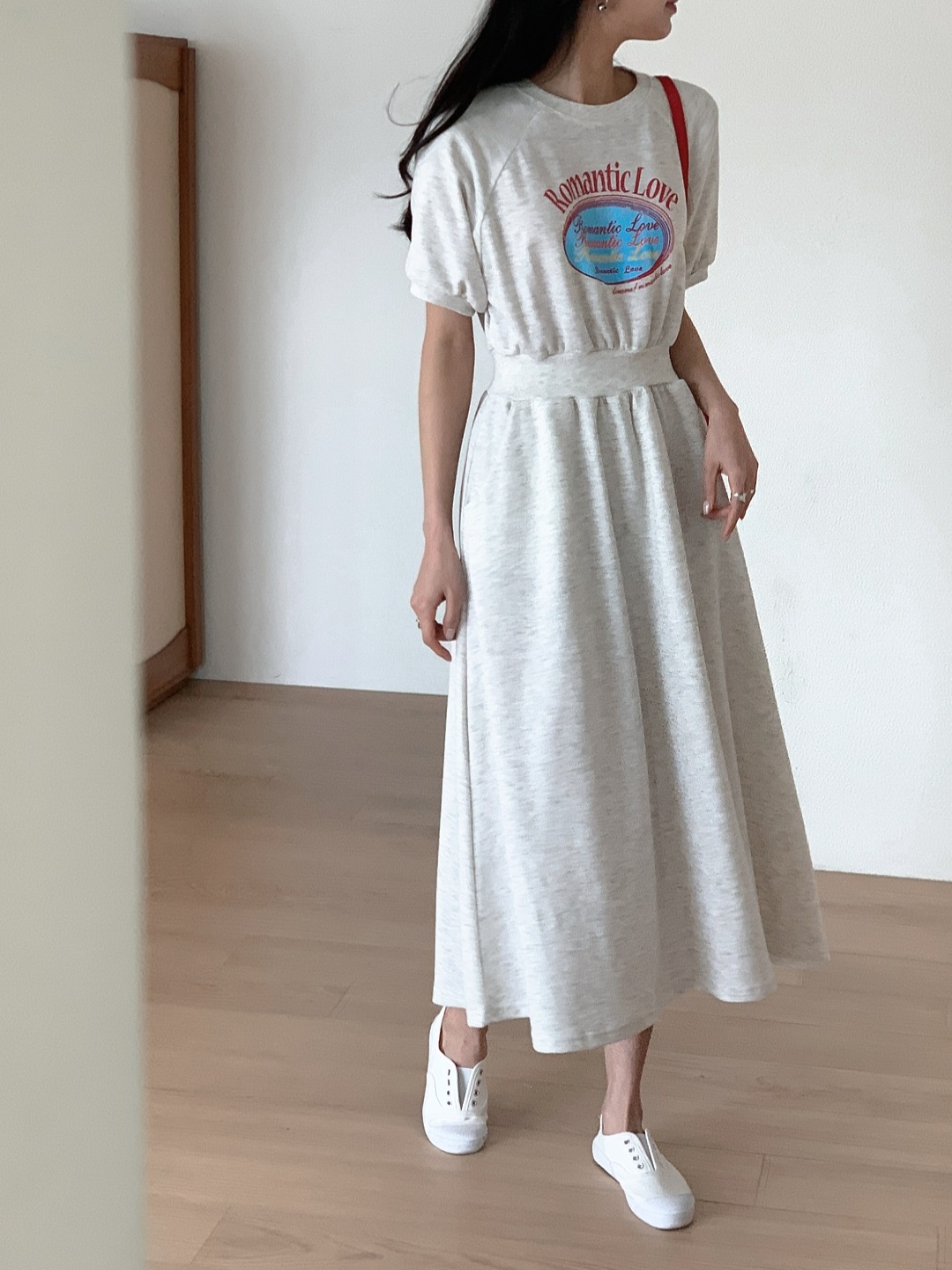 ポケットウエストゴムラグランロング半袖フレアプリントワンピース | 詳細画像6