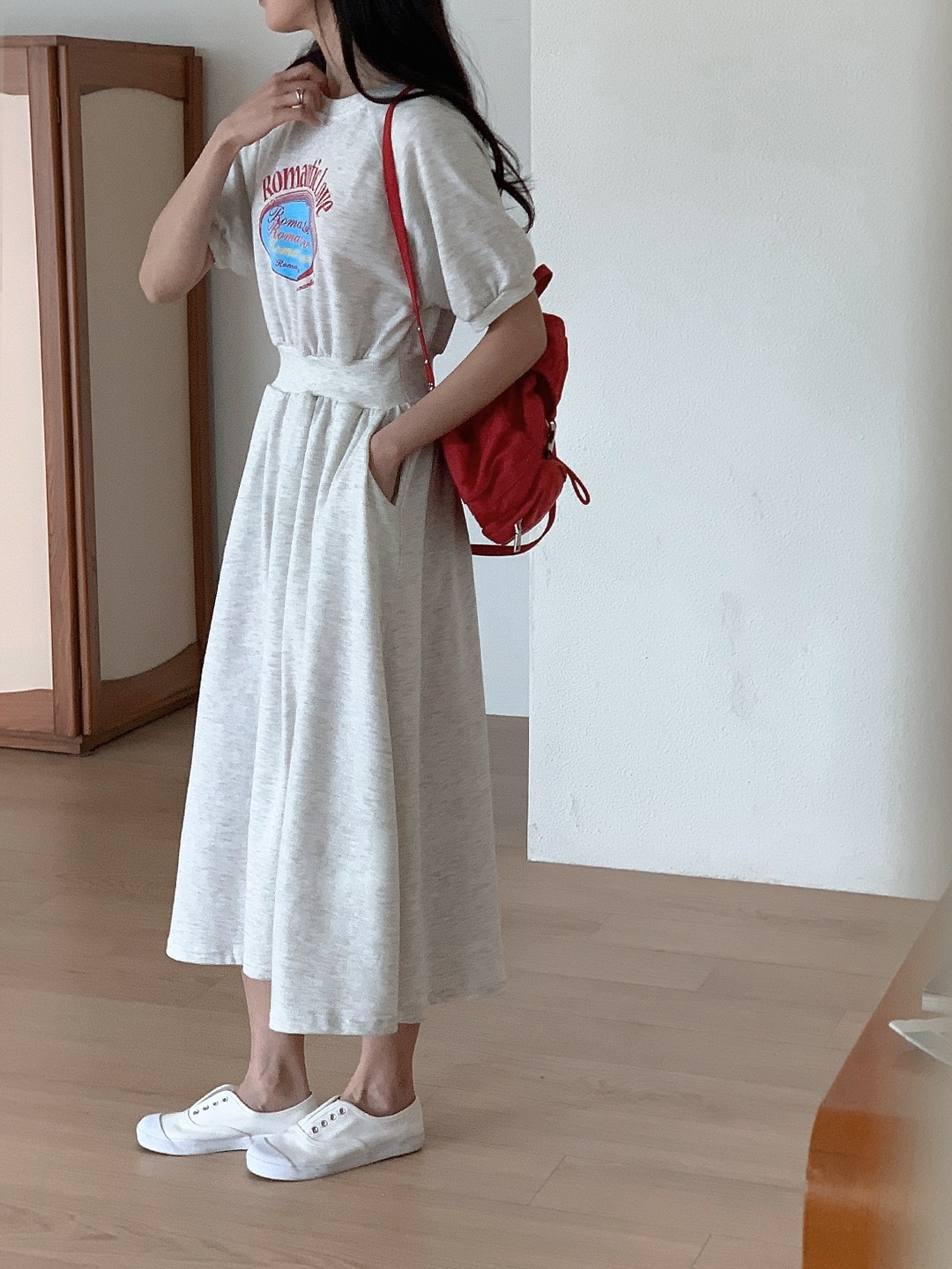 ポケットウエストゴムラグランロング半袖フレアプリントワンピース | 詳細画像8