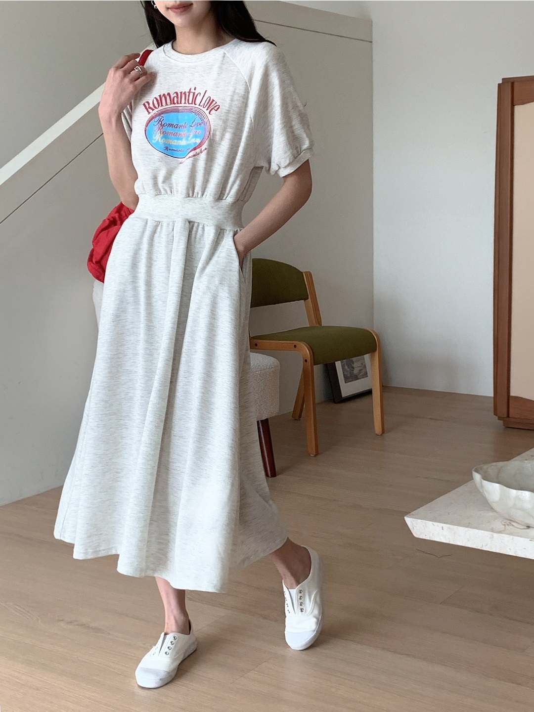 ポケットウエストゴムラグランロング半袖フレアプリントワンピース | 詳細画像9