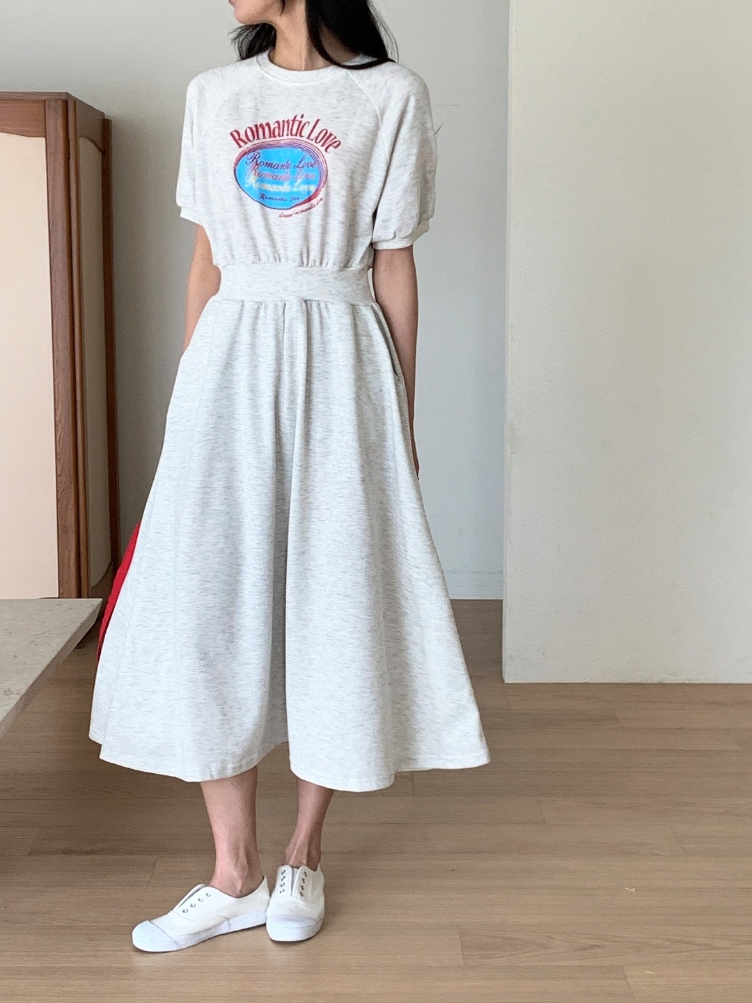 ポケットウエストゴムラグランロング半袖フレアプリントワンピース | 詳細画像10