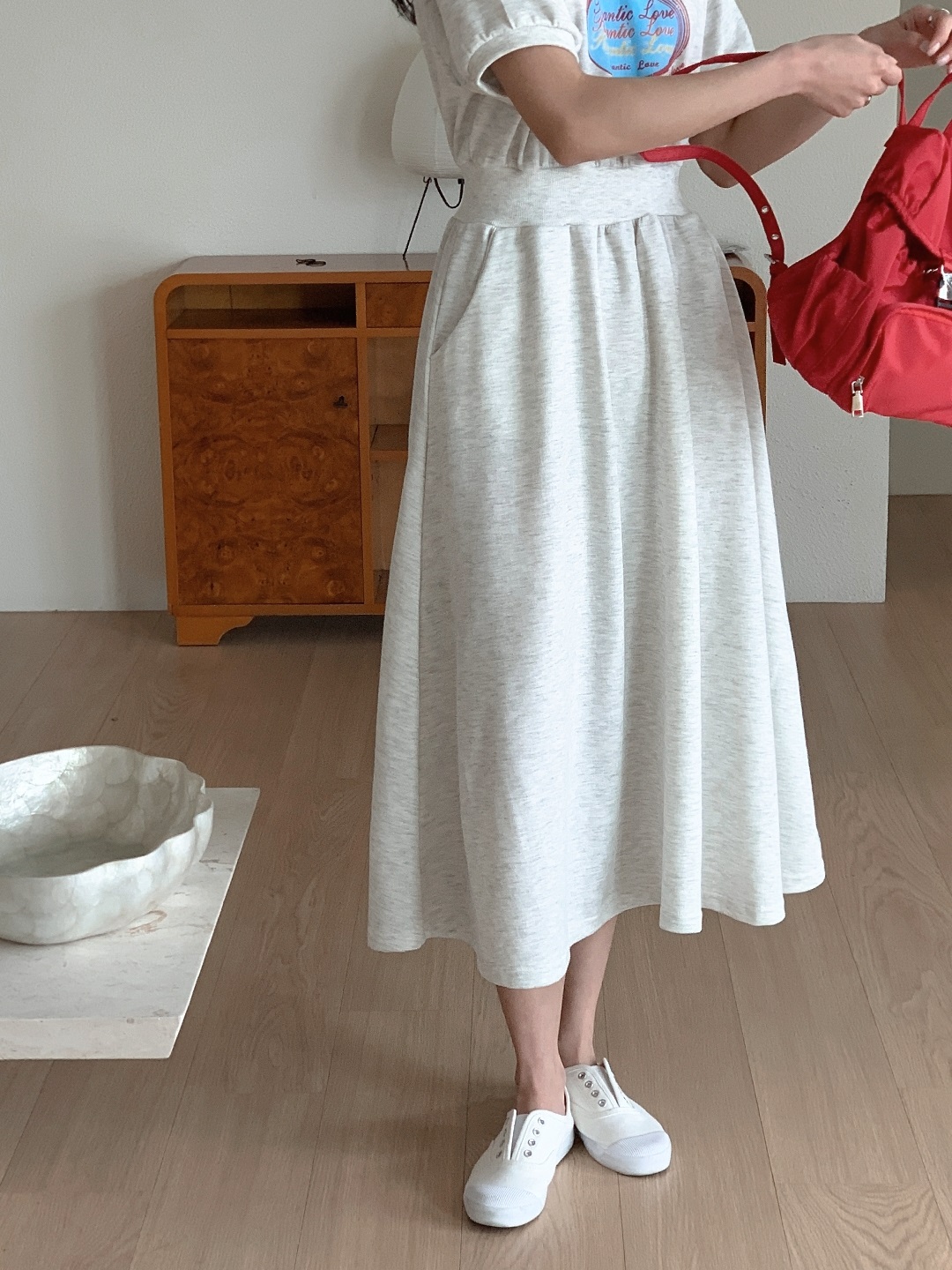 ポケットウエストゴムラグランロング半袖フレアプリントワンピース | 詳細画像11