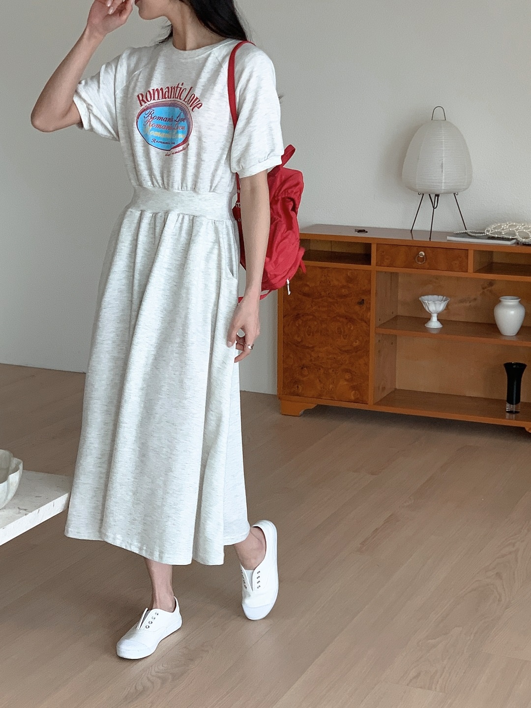 ポケットウエストゴムラグランロング半袖フレアプリントワンピース | 詳細画像14