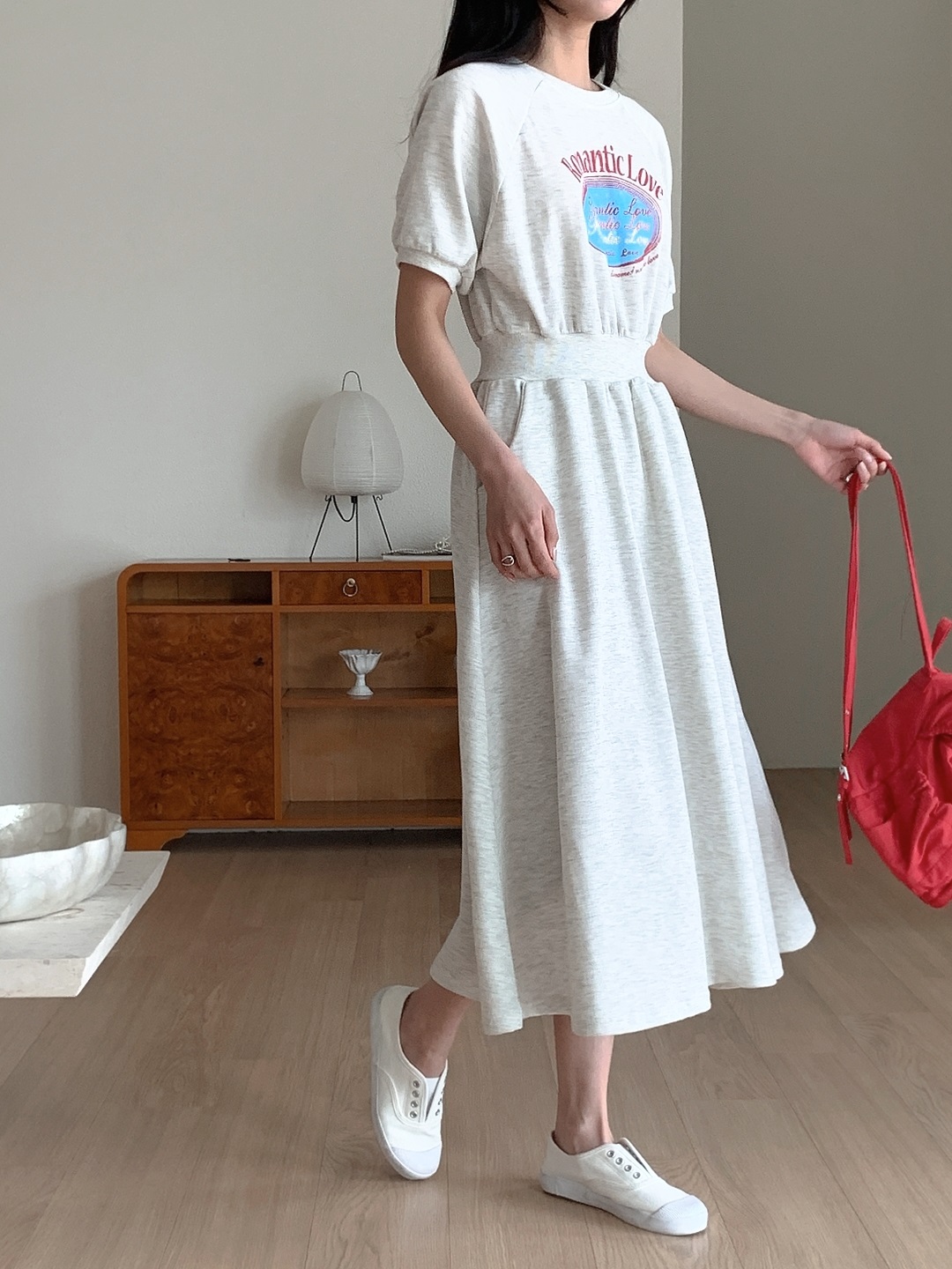 ポケットウエストゴムラグランロング半袖フレアプリントワンピース | 詳細画像15