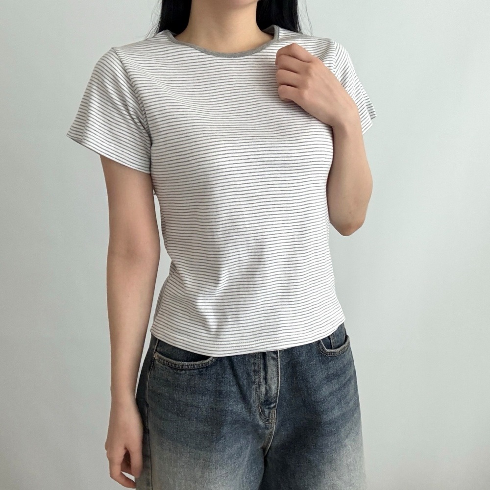 コットンラウンドネックベーシック半袖ボーダーTシャツ | 詳細画像2