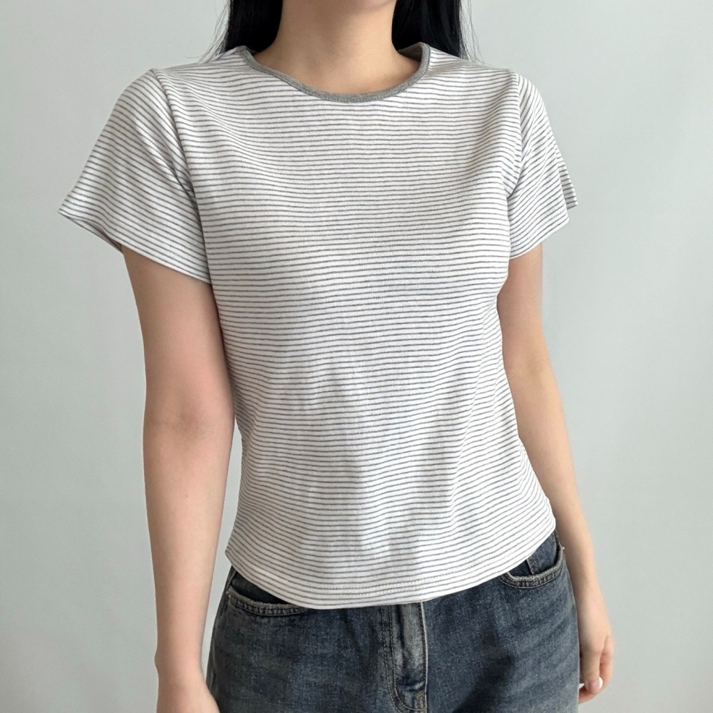 コットンラウンドネックベーシック半袖ボーダーTシャツ | 詳細画像3