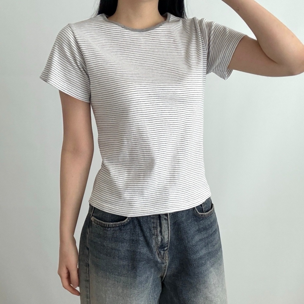 コットンラウンドネックベーシック半袖ボーダーTシャツ | 詳細画像4