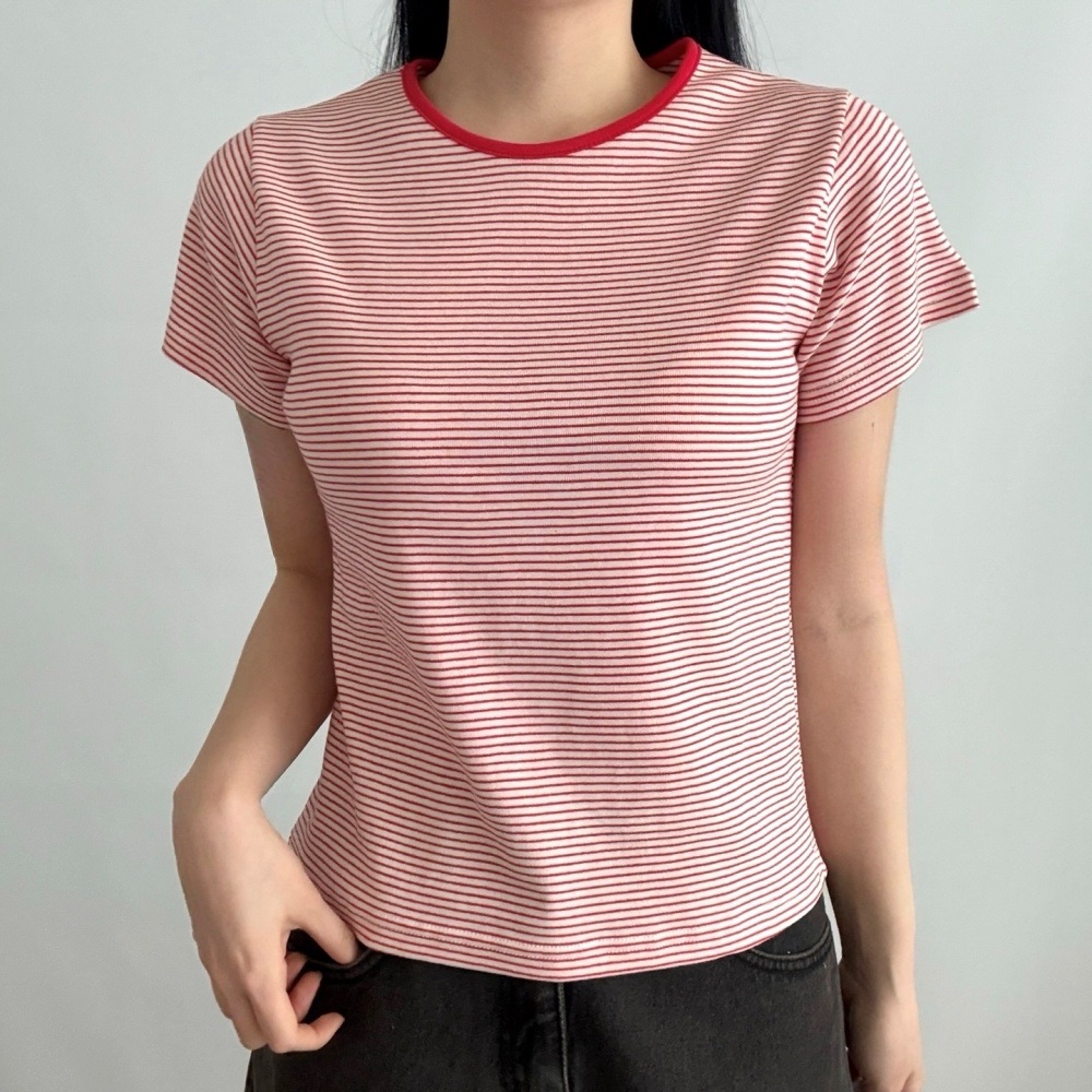 コットンラウンドネックベーシック半袖ボーダーTシャツ | 詳細画像5