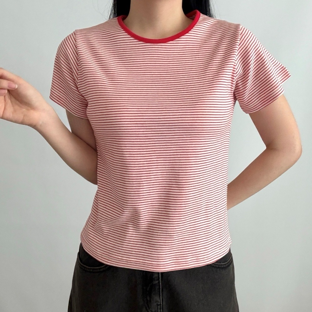 コットンラウンドネックベーシック半袖ボーダーTシャツ | 詳細画像6