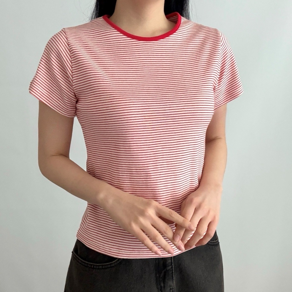 コットンラウンドネックベーシック半袖ボーダーTシャツ | 詳細画像7