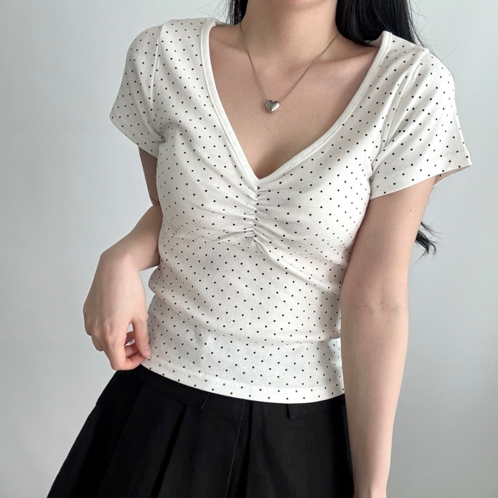 コットンVネックシャーリング半袖ドットTシャツ | 詳細画像3