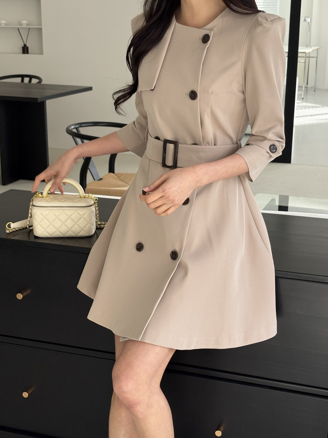 ラウンドネック7分袖Aラインミニダブルボタンワンピースベルト付 | 詳細画像4