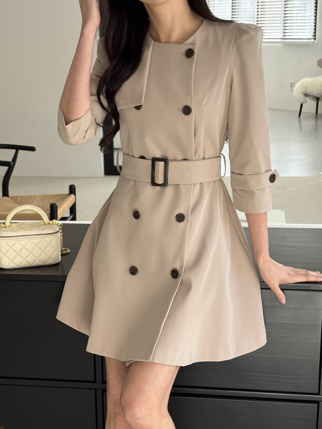 ラウンドネック7分袖Aラインミニダブルボタンワンピースベルト付 | 詳細画像5