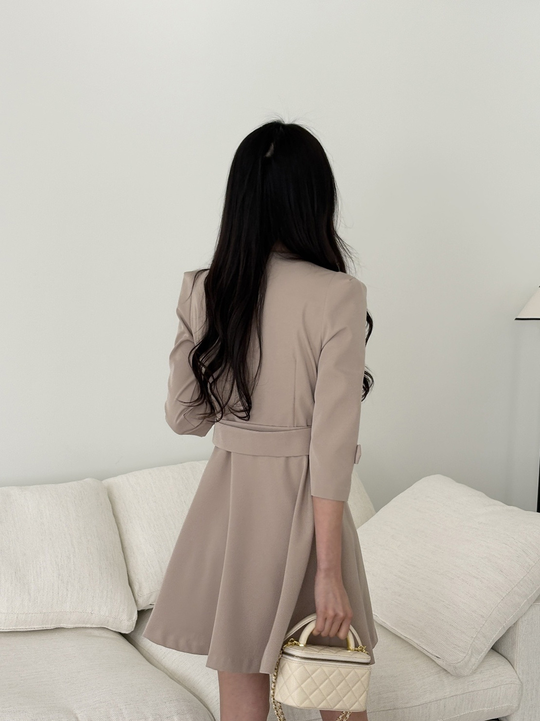 ラウンドネック7分袖Aラインミニダブルボタンワンピースベルト付 | 詳細画像8