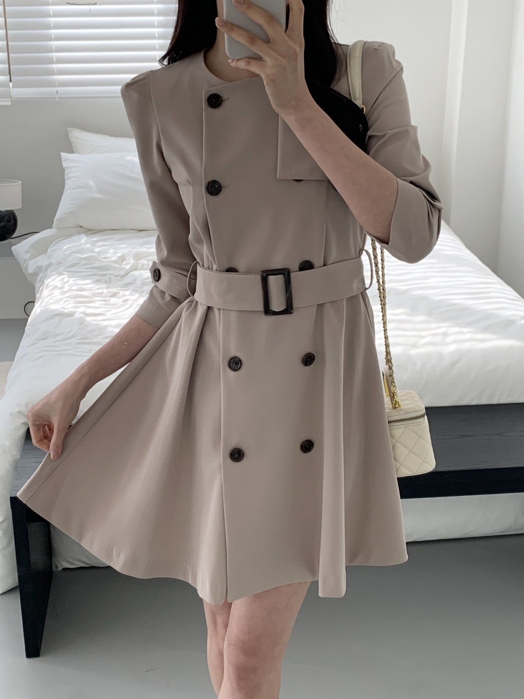 ラウンドネック7分袖Aラインミニダブルボタンワンピースベルト付 | 詳細画像19