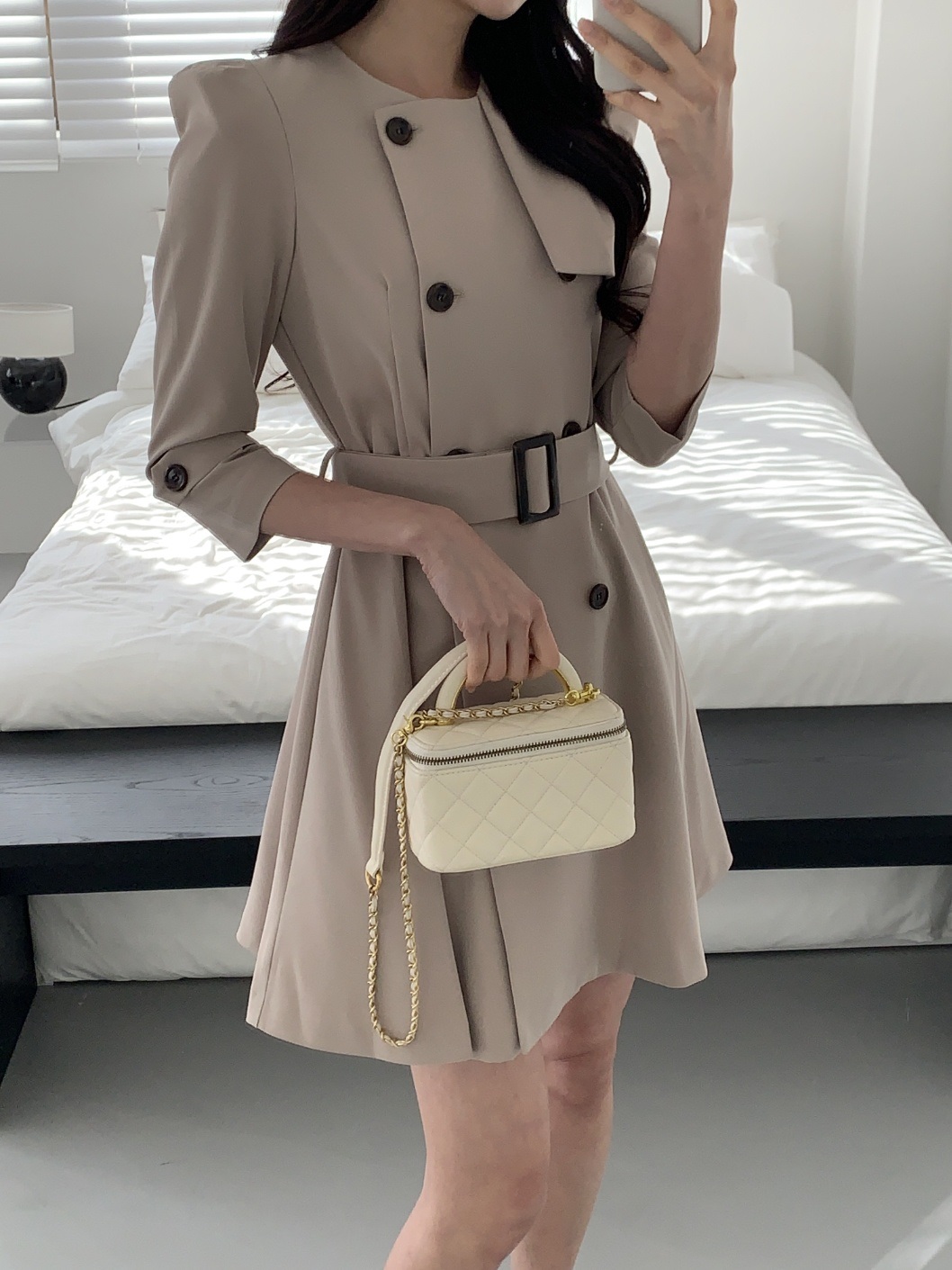 ラウンドネック7分袖Aラインミニダブルボタンワンピースベルト付 | 詳細画像20