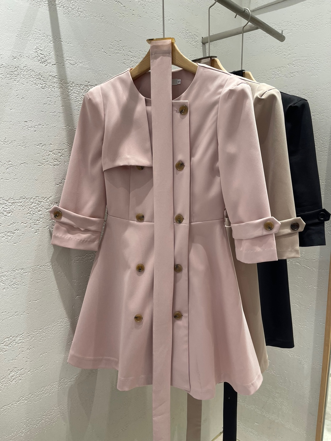 ラウンドネック7分袖Aラインミニダブルボタンワンピースベルト付 | 詳細画像21