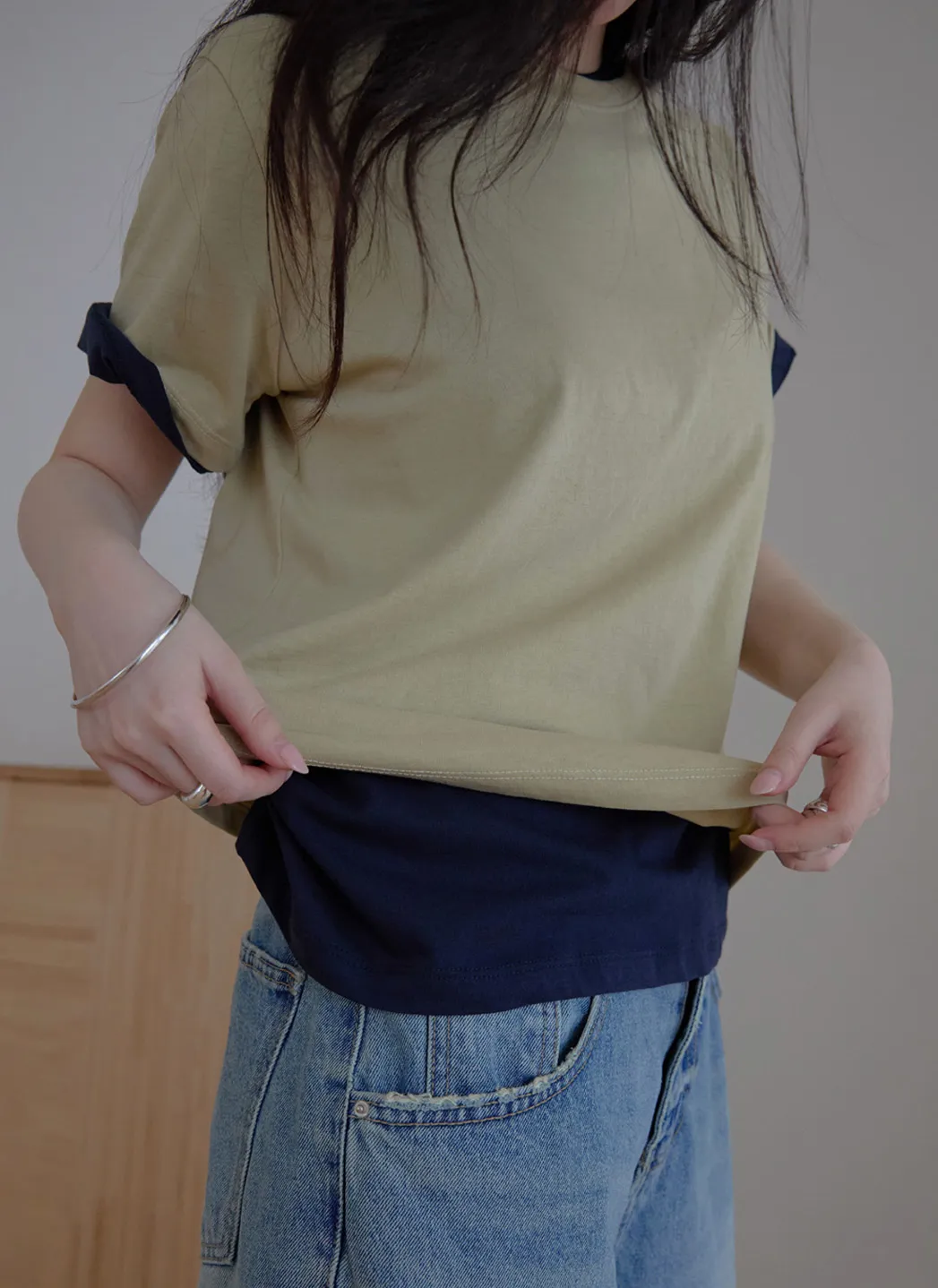 コットンラウンドネックベーシック無地Tシャツオールシーズン | 詳細画像1