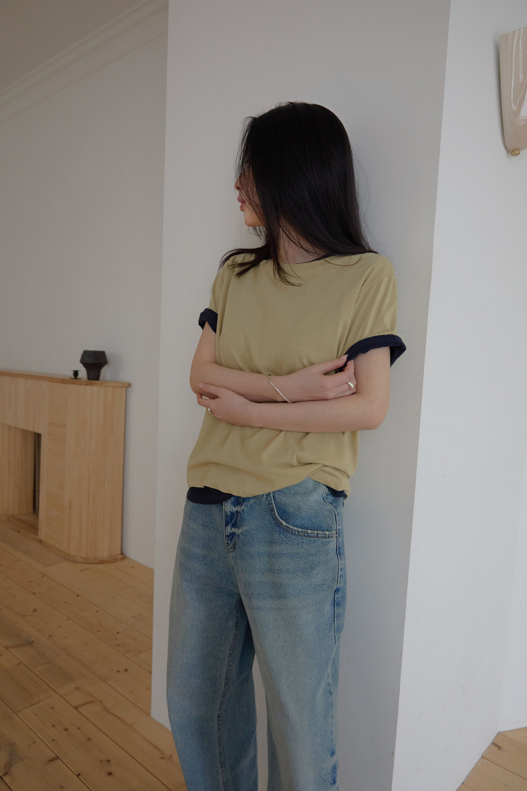 コットンラウンドネックベーシック無地Tシャツオールシーズン | 詳細画像5