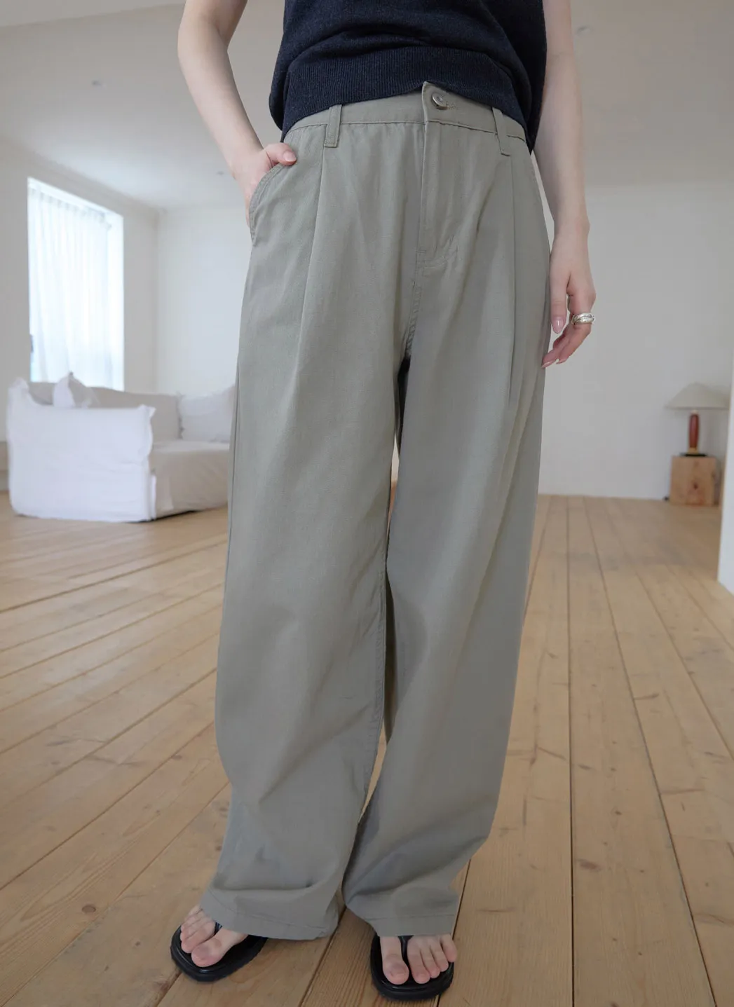 コットンウォッシングピンタックワイド無地パンツ春夏秋 | 詳細画像1