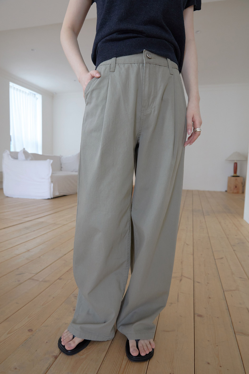 コットンウォッシングピンタックワイド無地パンツ春夏秋 | 詳細画像5