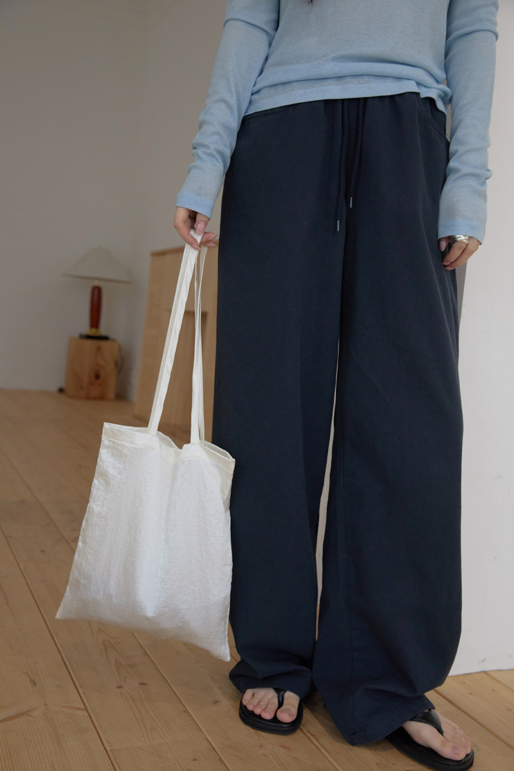 コットンストラップウォッシングゴムベーシックワイド無地パンツオールシーズン | 詳細画像18