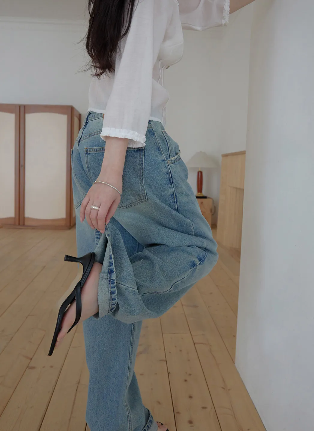 コットンウォッシングビンテージワイド無地デニムパンツオールシーズン | 詳細画像1