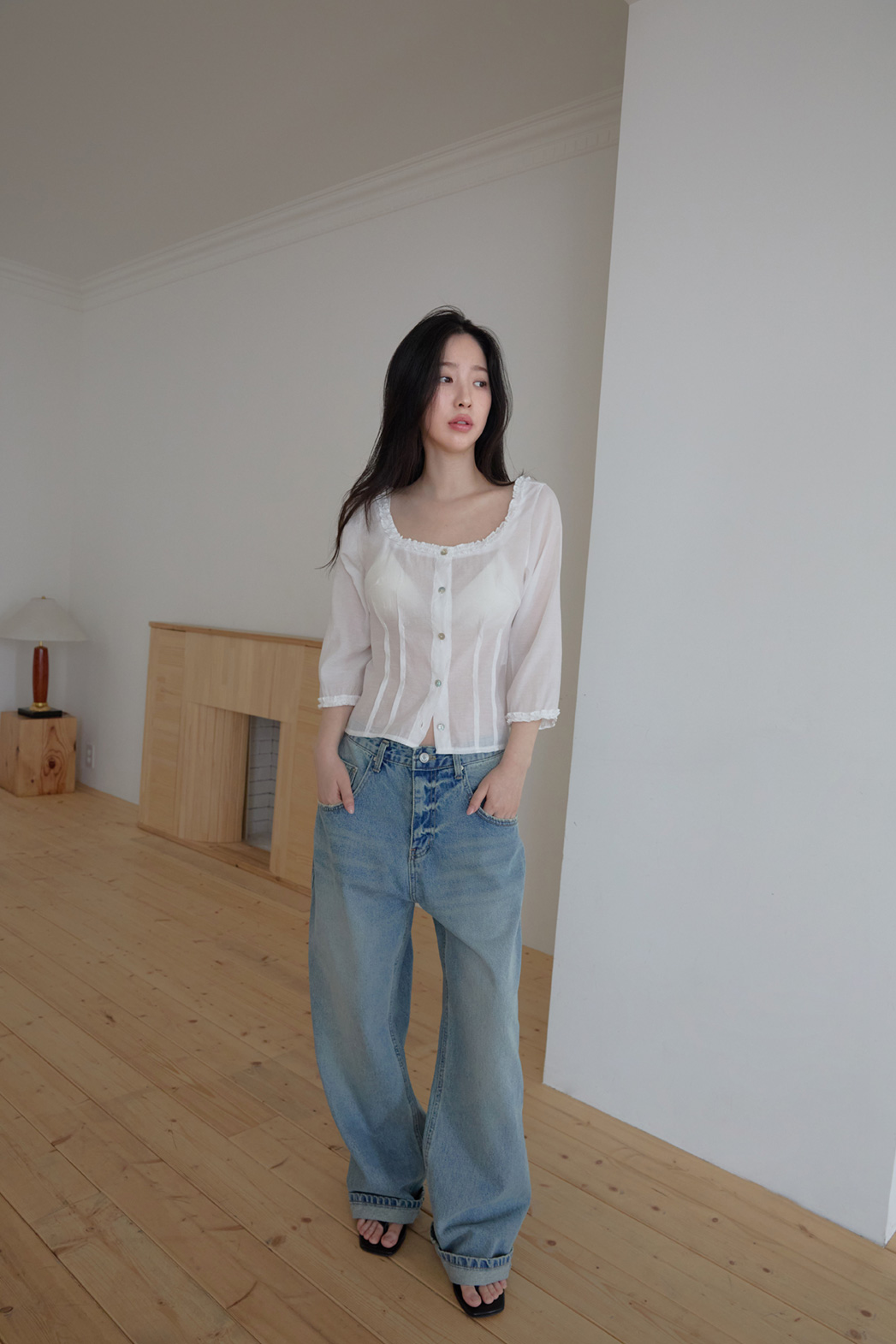 コットンウォッシングビンテージワイド無地デニムパンツオールシーズン | 詳細画像2