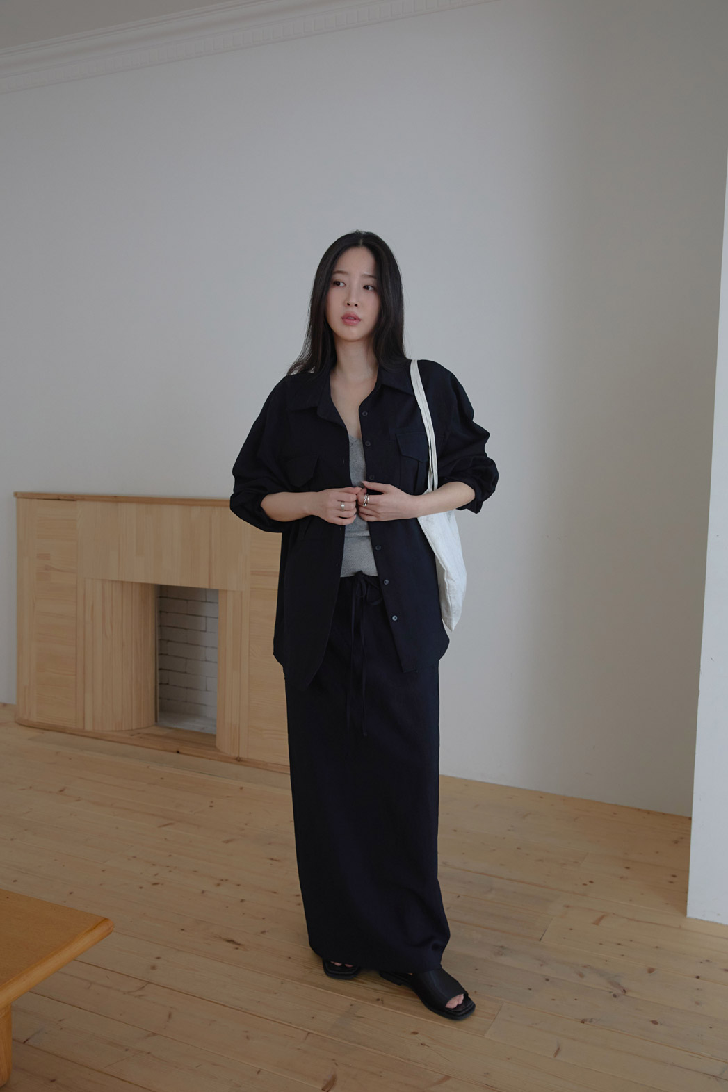 ベルベットベロアナイロンドローストリングスリットHライン(ロング丈)無地スカート春夏秋 | 詳細画像14