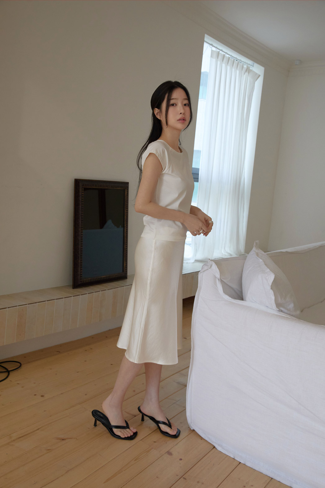 ベロアナイロンHラインフレア無地スカート春夏秋 | 詳細画像5